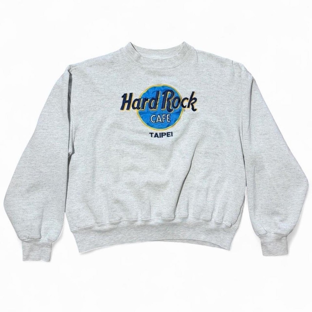 Vintage 90s Hard Rock Cafe Taipei Grey Pullover Crewneck Sweater Medium 22x21"